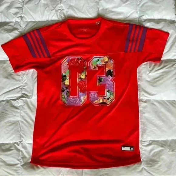 ADIDAS Floral graphic 03 striped sleeve Red Jersey tee oversized blokecore S - Picture 4 of 15